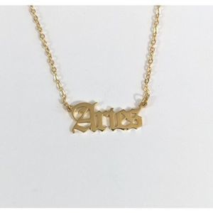Aries Word Old English Font Text Necklace - Zodiac Horoscope Necklace Gold Toned